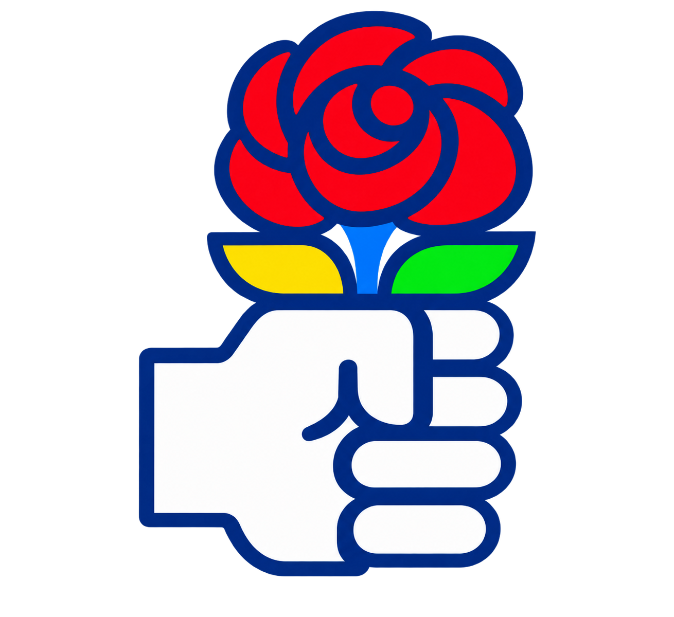 Brasão do PDT com mão branca segurando uma rosa vermelha
